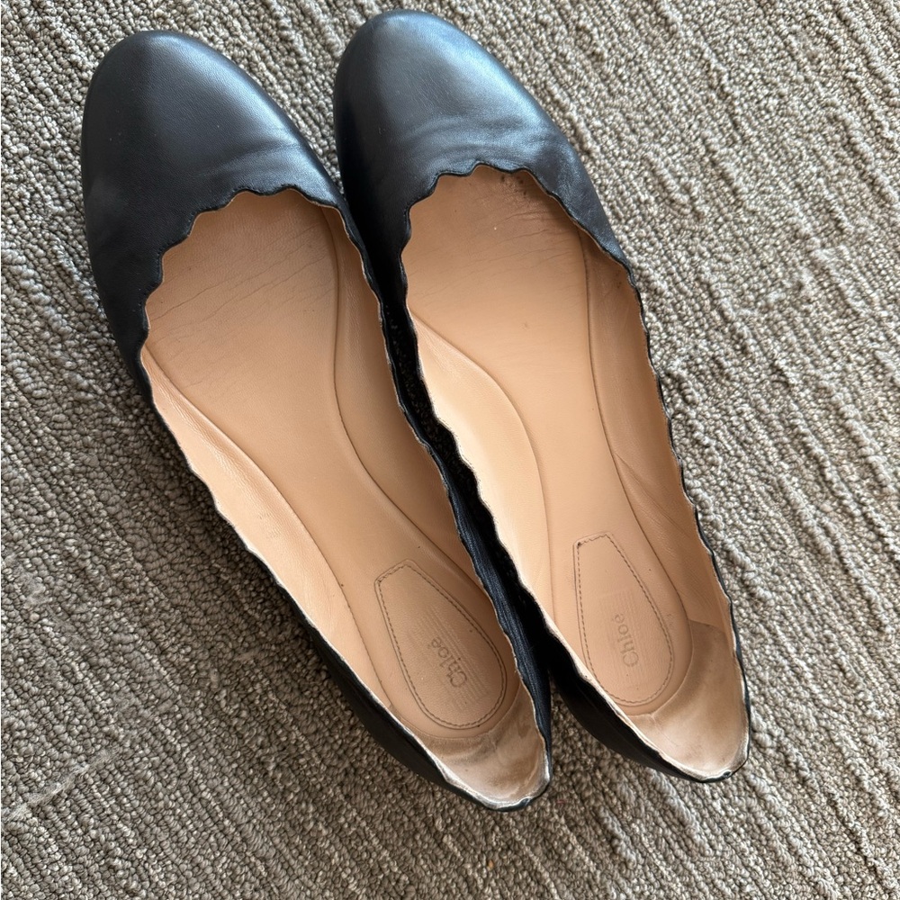 Chloe Lauren Black Leather Scalloped Flats